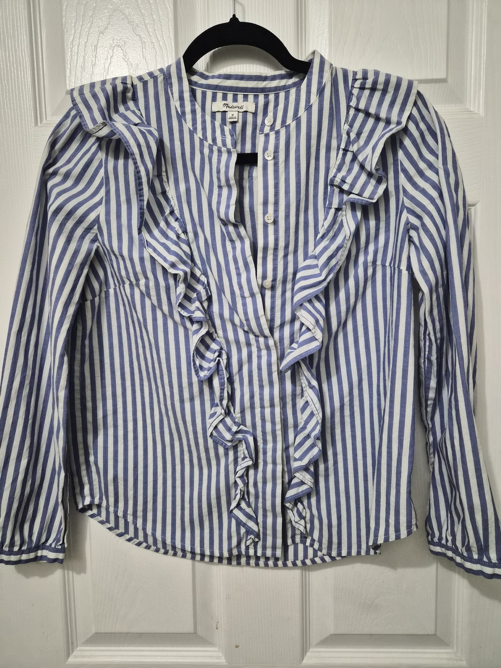Madewell Blue and White Striped Ruffle Button-Down Shirt